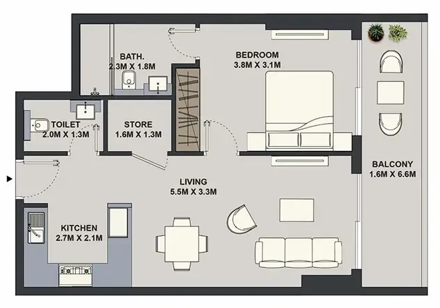 Maison Elysee 1 bed floor plan, 713 sqft