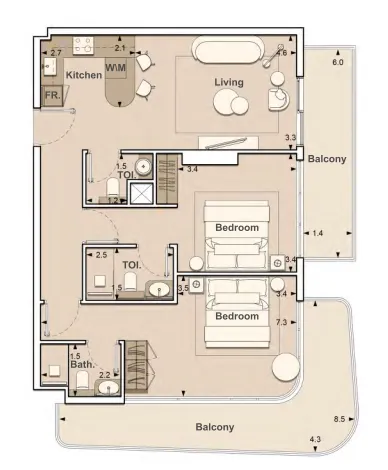 Lume Residences 2 bed floor plan, 1,118 sqft