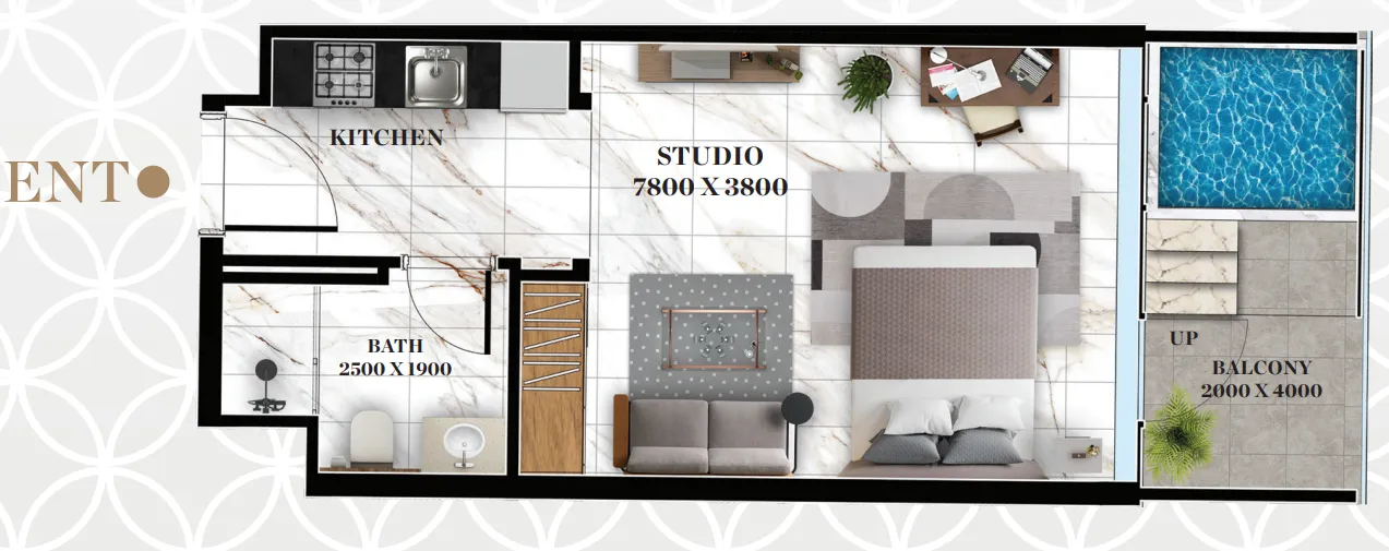 Empire Livings Studio floor plan, 425 sqft