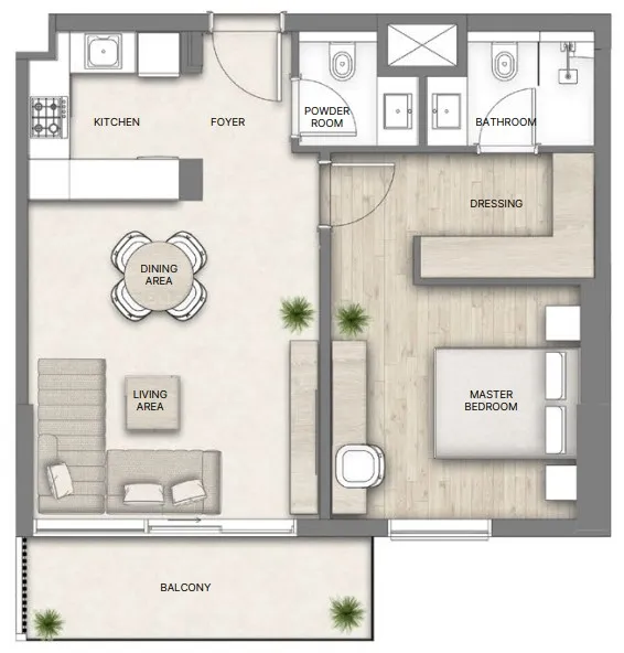 Al Hamra Greens 1 bed floor plan, 740 sqft