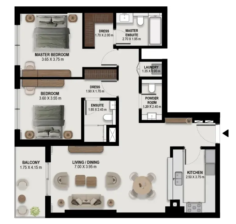 Boulevard Park at Wasl Gate 2 bed floor plan, 1,290 – 1,292 sqft