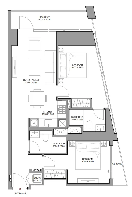 The Horizon at Sobha Central 2 bed floor plan, 956 sqft