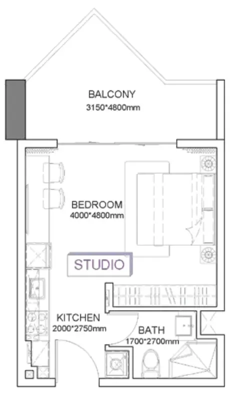 Listone Residence Studio floor plan, 440 sqft