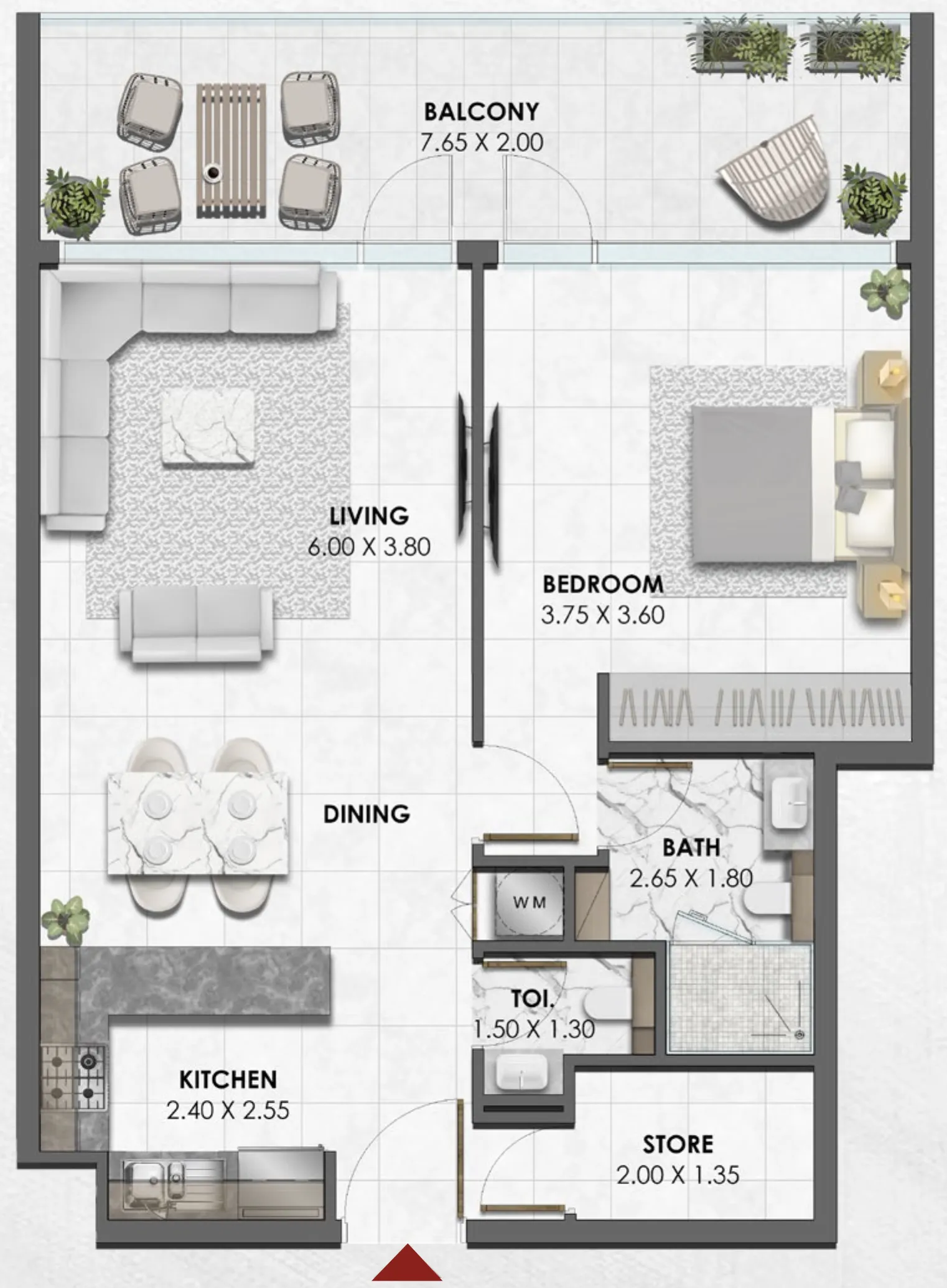 Waref Residences 1 bed floor plan, 860 sqft