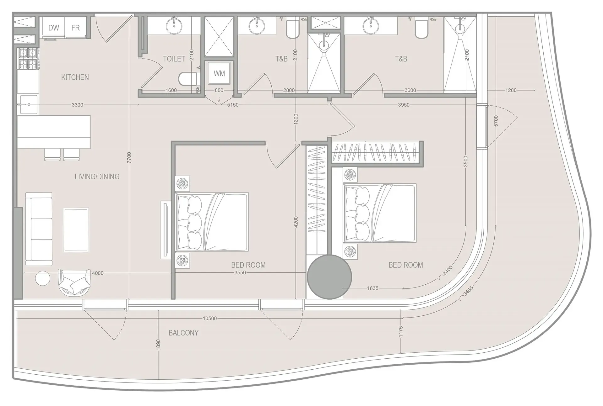 A1LA Residence 2 bed floor plan, 1,255 sqft