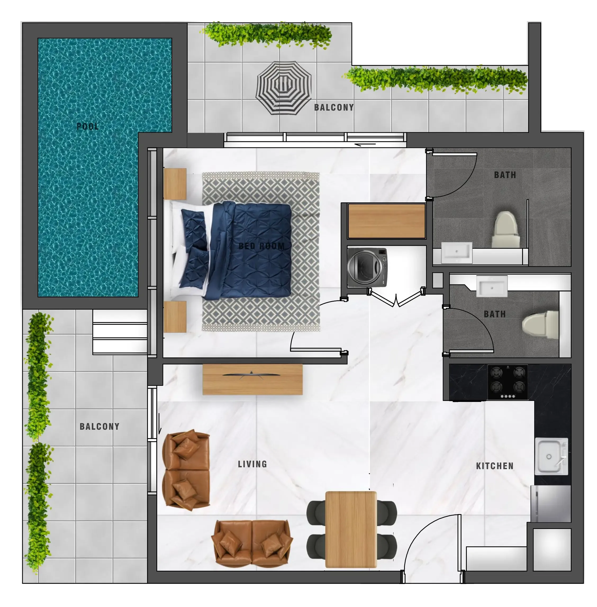 Samana Waves 1 bed floor plan, 853 sqft
