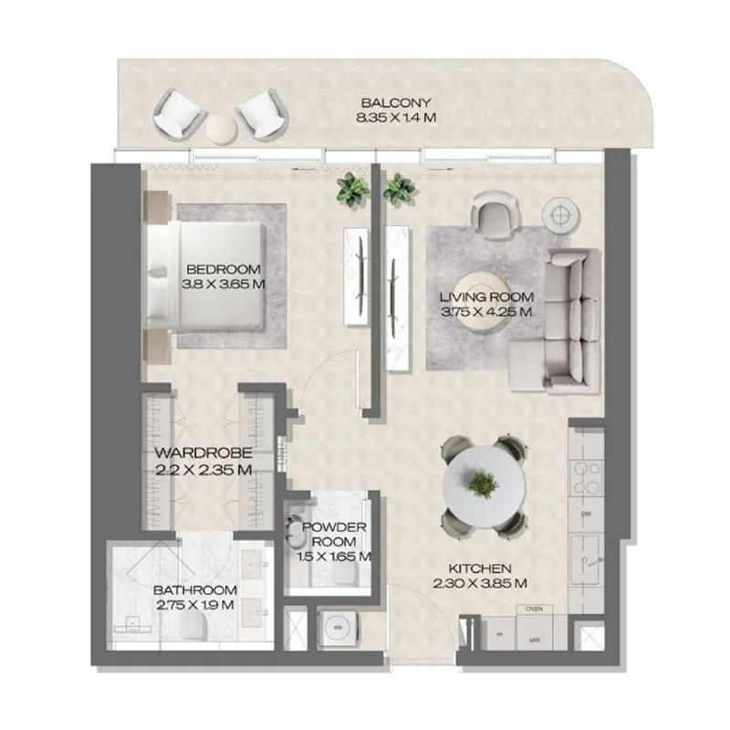 DWTN Residences 1 bed floor plan, 896 sqft