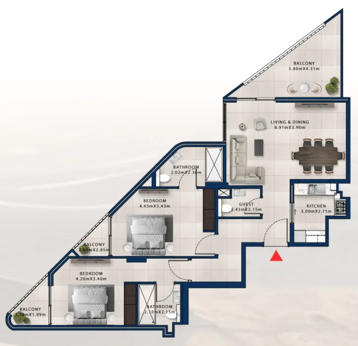 Asayel Avenue 2 bed floor plan, 1,286 sqft