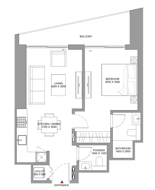 The Serene at Sobha Central 1 bed floor plan, 645 sqft