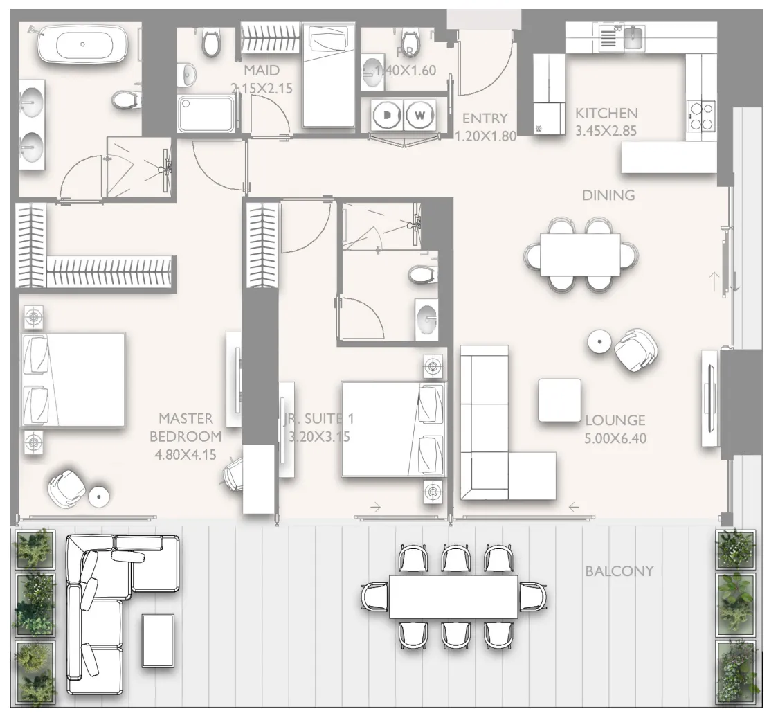 Fairmont Residences Solara Tower 2 bed floor plan, 1,940 sqft