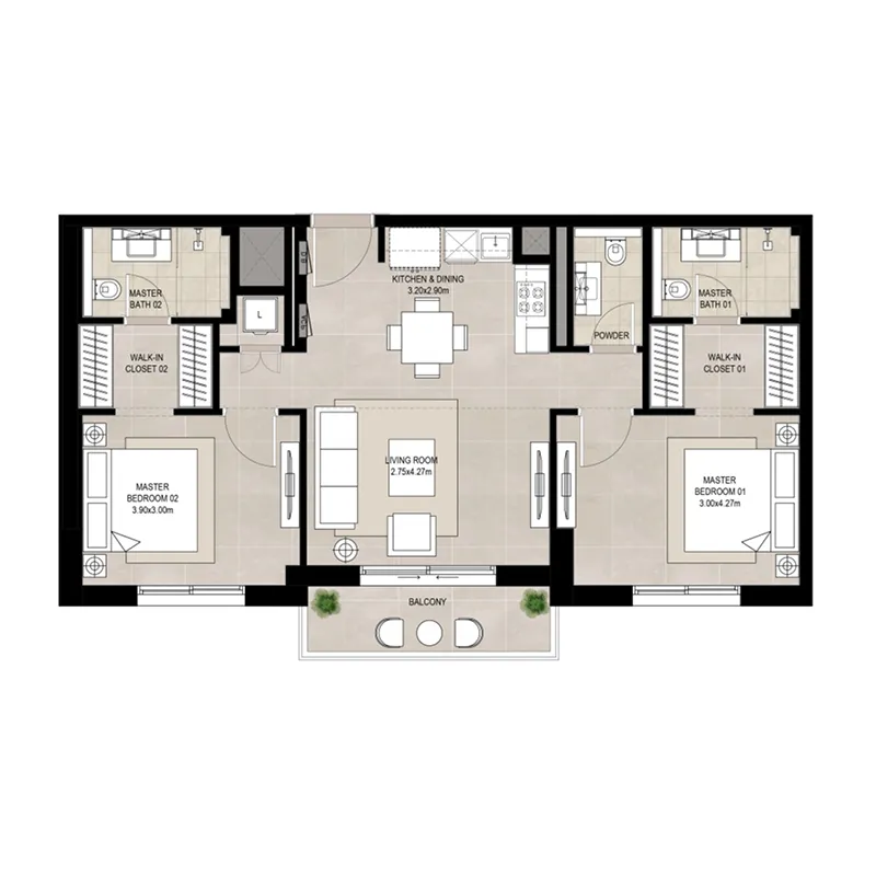 Olbia 2 bed floor plan, 953 – 956 sqft