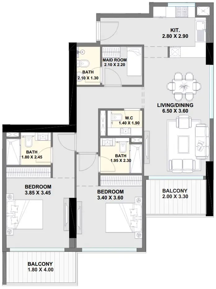Ayaan Heights 1 2 bed floor plan, 1,294 sqft