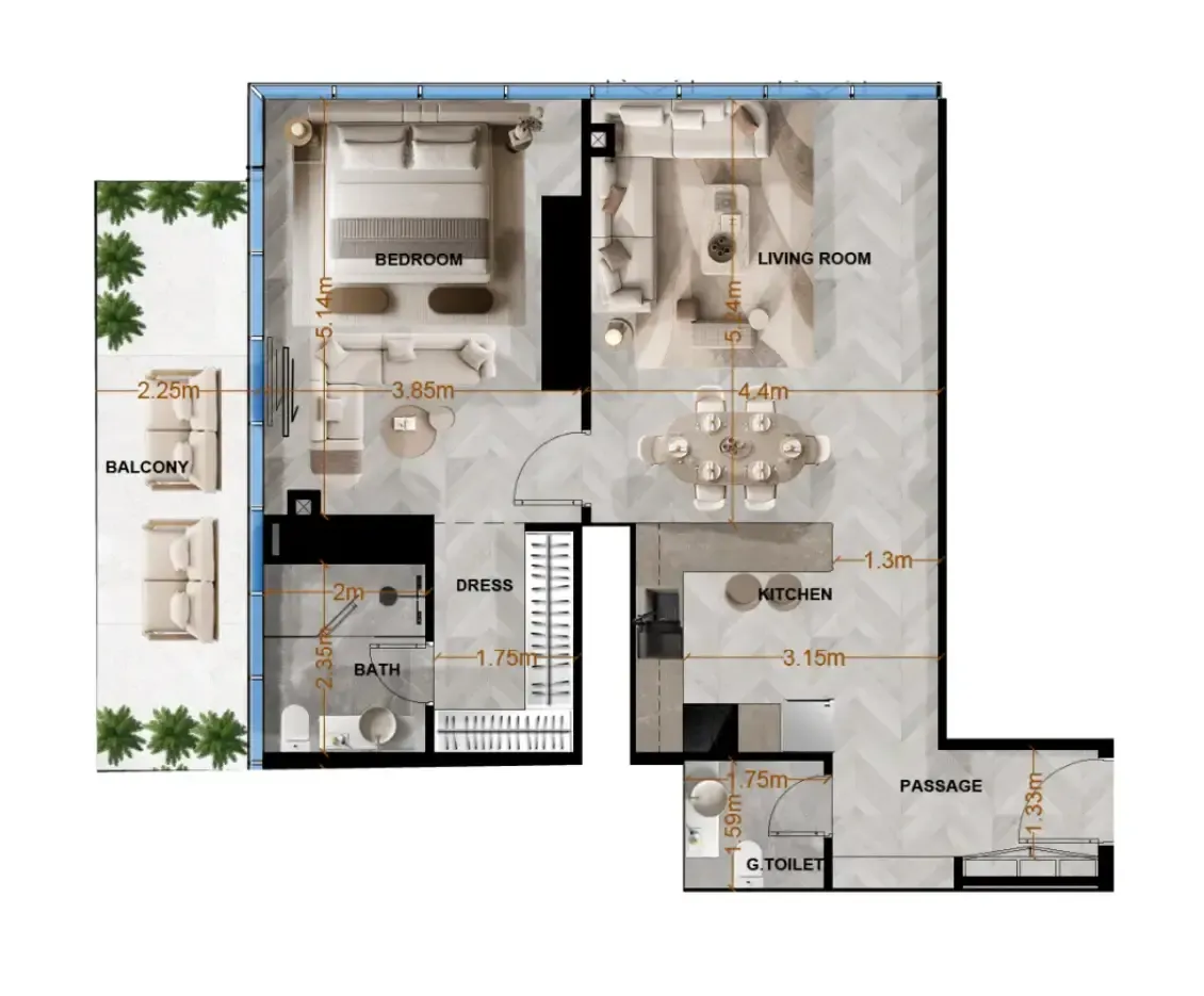 Radiant Terrace 1 bed floor plan, 980 sqft