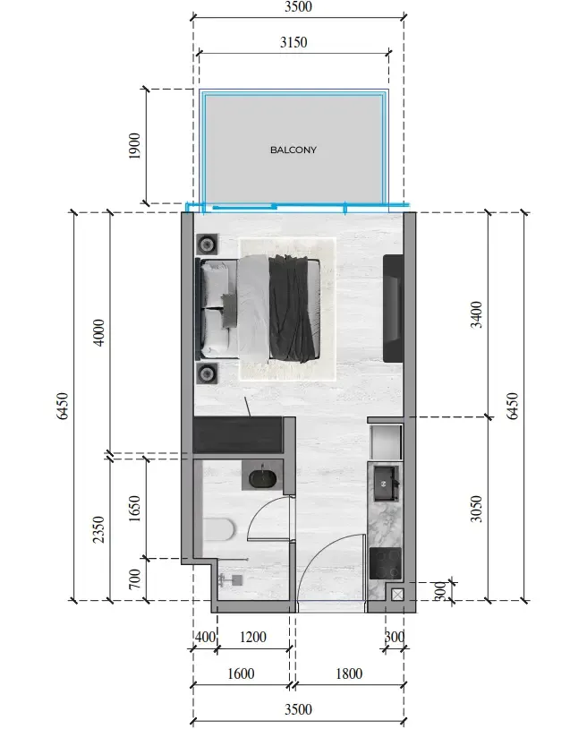 SkyGate Tower Studio floor plan, 321 sqft