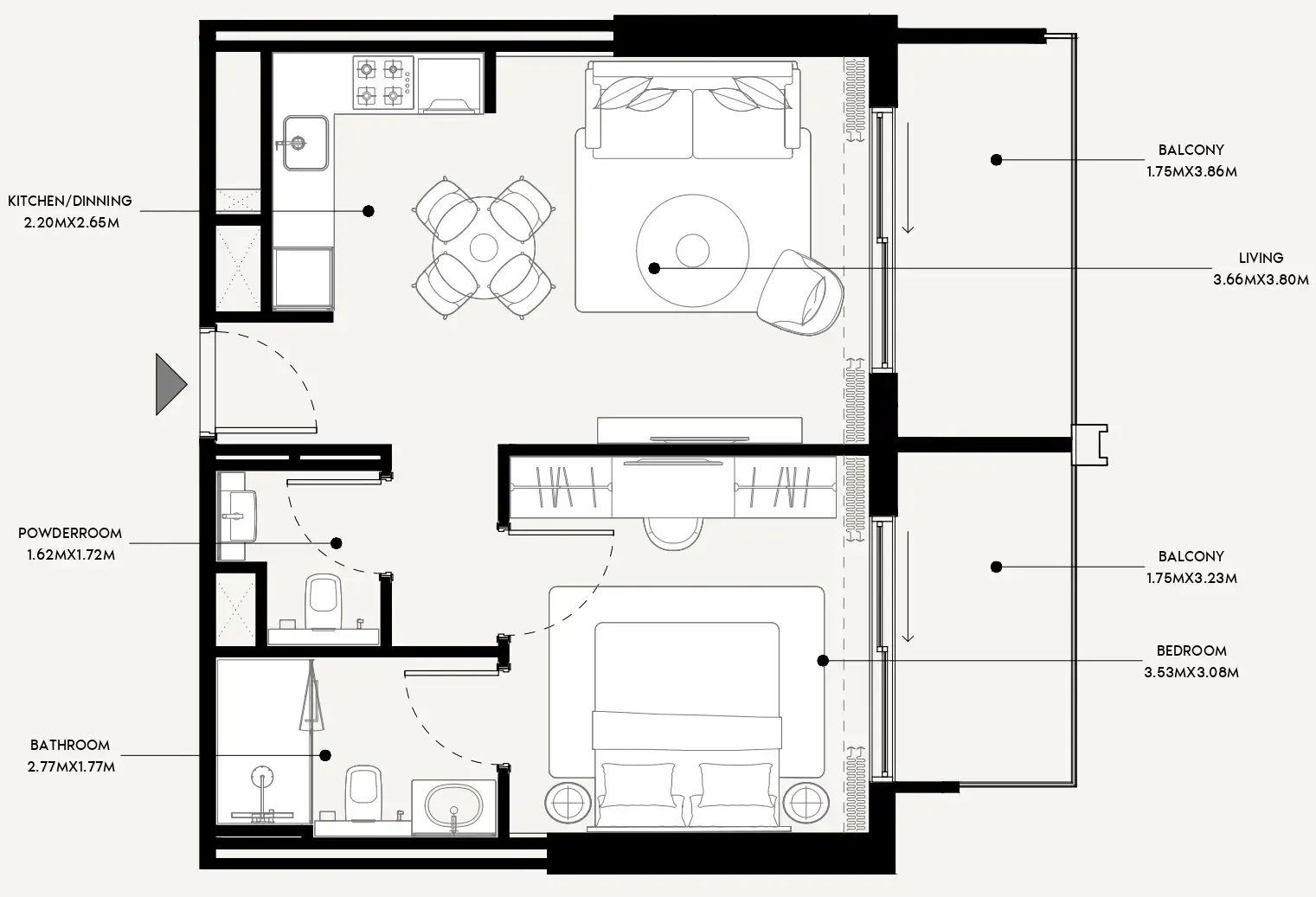 Azizi Venice 1 bed floor plan, 698 sqft