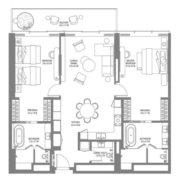 Anantara Sharjah Resort 2 bed floor plan, 1,695 sqft