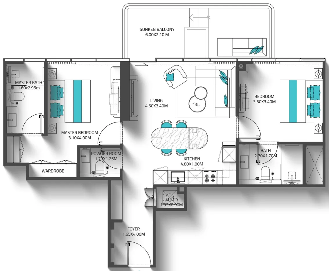 Reef 998 2 bed floor plan, 1,011 sqft