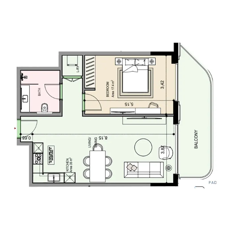 Edgewater Residences 1, 2 and 3 1 bed floor plan, 849 sqft