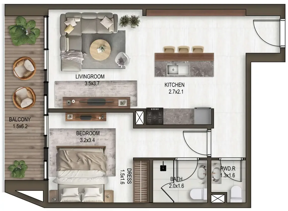 Noore 1 bed floor plan, 754 sqft