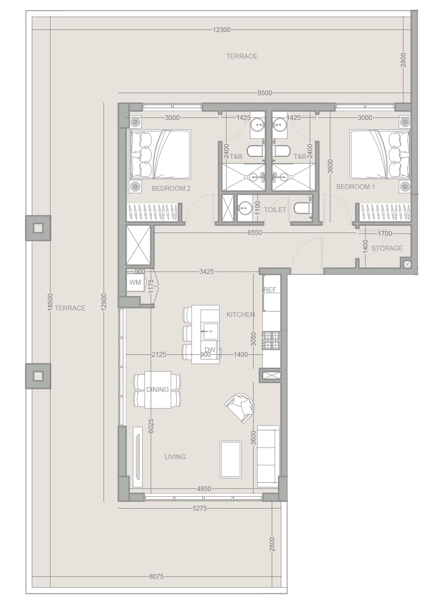 1WOOD Residence 2 2 bed floor plan, 2,032 sqft