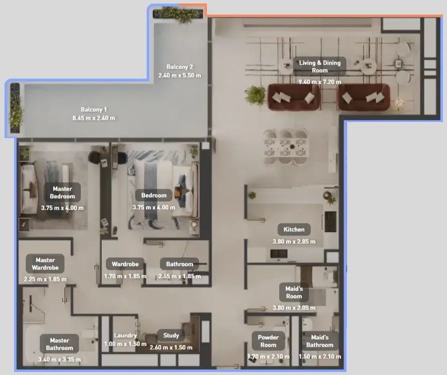 Luluat Marina at Luluat Al Raha 2 bed floor plan, 2,047 sqft
