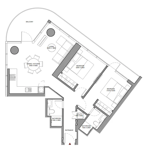 Sobha Solis 2 bed floor plan, 1,125 – 1,126 sqft
