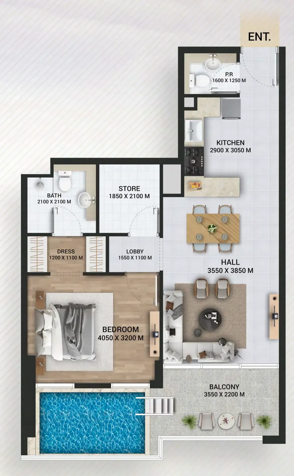 Empire Lake Views 1 bed floor plan, 867 sqft
