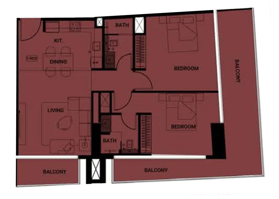 Binghatti Ruby 2 bed floor plan, 1,225 sqft