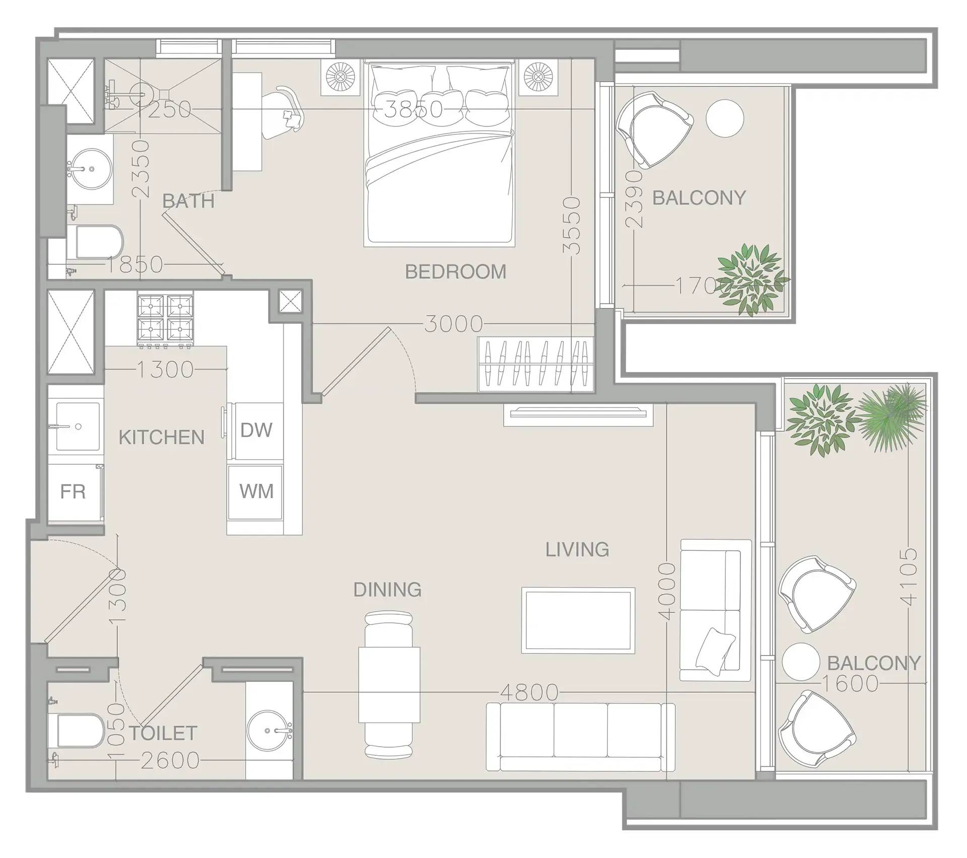 ELAR1S Rise 1 bed floor plan, 712 sqft