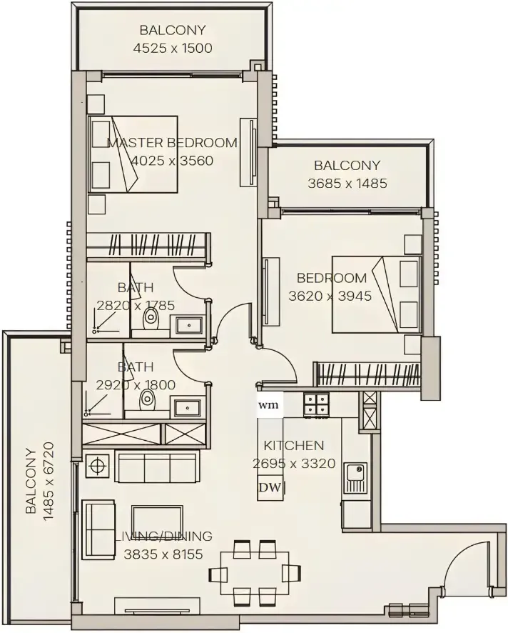 Nirvana Residences 1 2 bed floor plan, 1,218 sqft