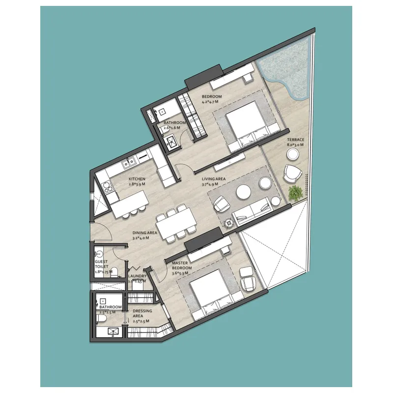 Vistal by Victoria Swarovski 2 bed floor plan, 1,334 sqft