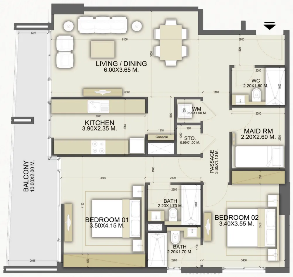 Dalmore Tower 2 bed floor plan, 1,298 sqft