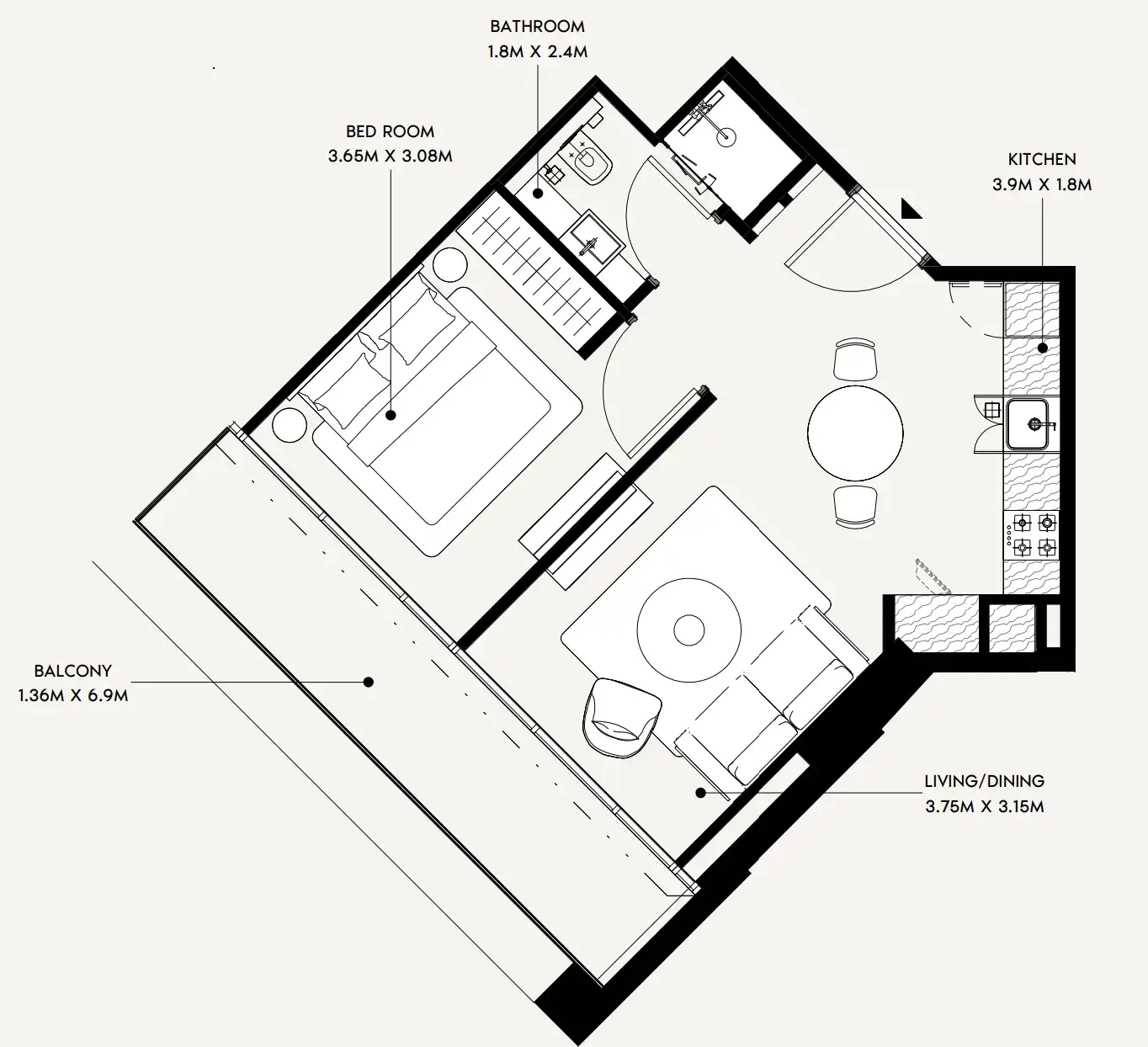 Creek Views 4 1 bed floor plan, 573 sqft
