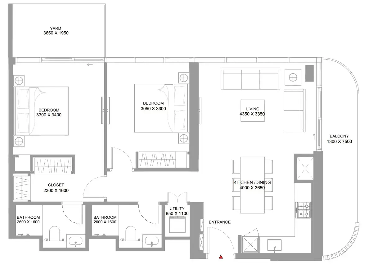 Bayfront Marina Residences 2 bed floor plan, 1,065 sqft