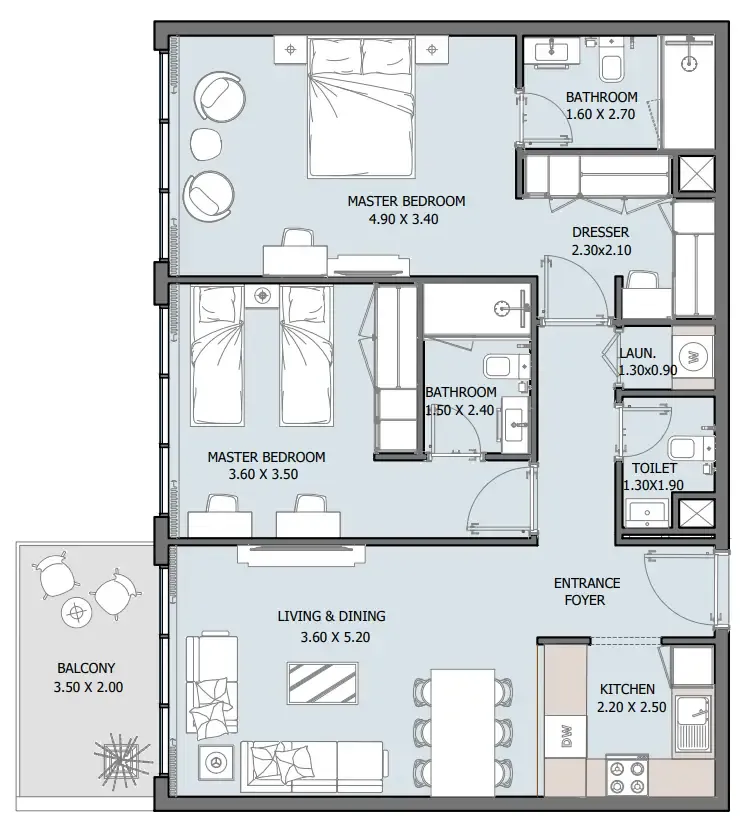 Oceana 2 bed floor plan, 930 sqft