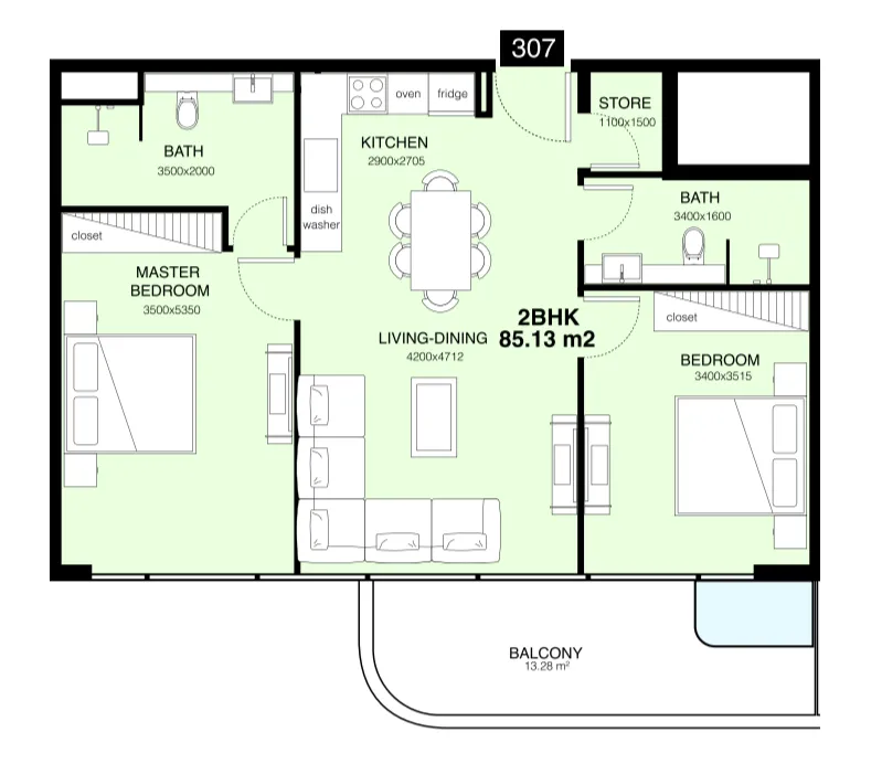 Villa Del Gavi 2 bed floor plan, 1,060 sqft