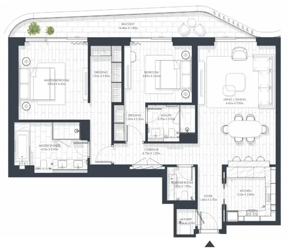 Sunstone 2 bed floor plan, 1,540 sqft