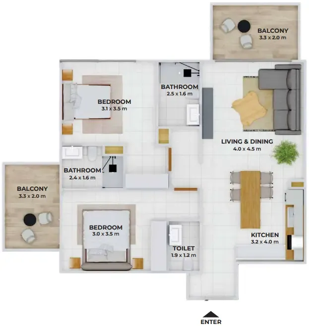 Treppan Tower 2 bed floor plan, 1,028 – 1,030 sqft