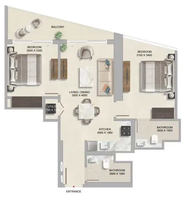 The Tranquil at Sobha Central 2 bed floor plan, 860 sqft