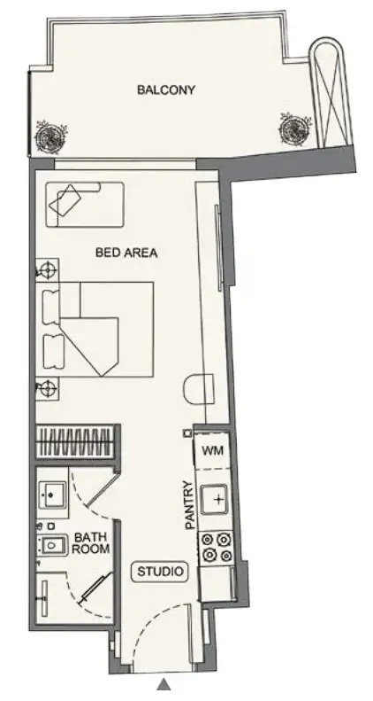 Binghatti Wraith Studio floor plan, 438 – 459 sqft