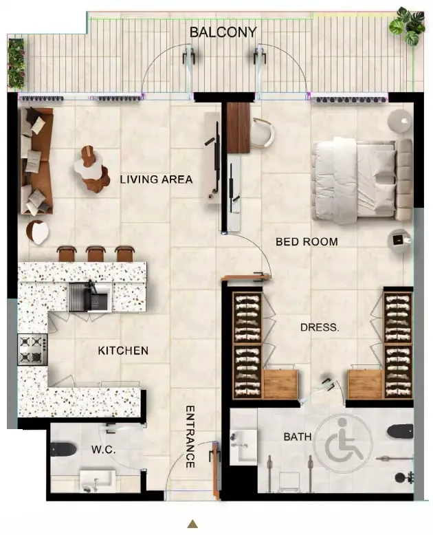 Kingdom Gate 1 bed floor plan, 844 sqft