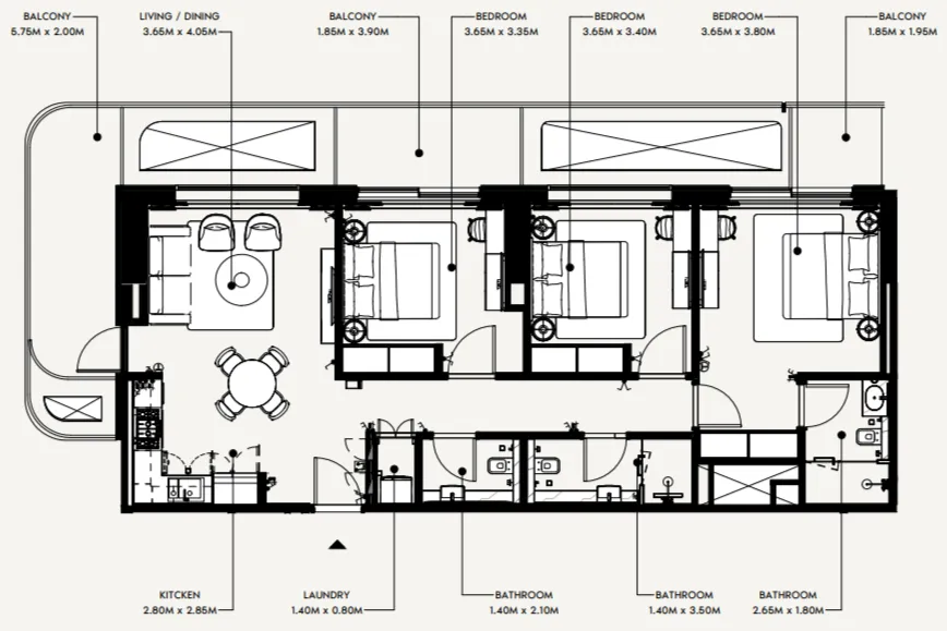 Azizi Wasel 3 bed floor plan, 1,354 sqft