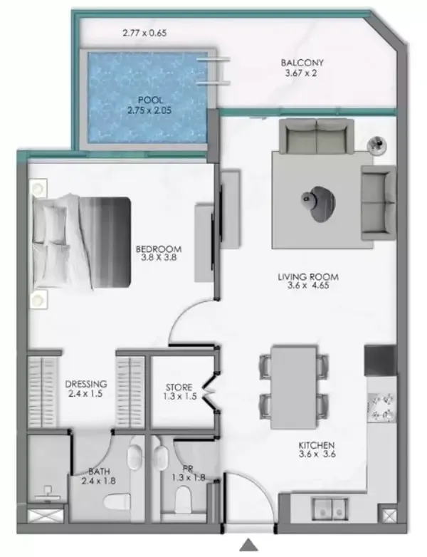Samana Ocean Bay 1 bed floor plan, 828 sqft