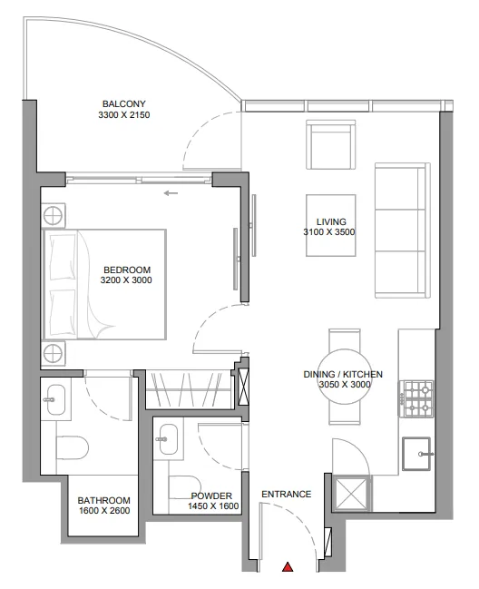 Sobha Aquamont 1 bed floor plan, 566 sqft