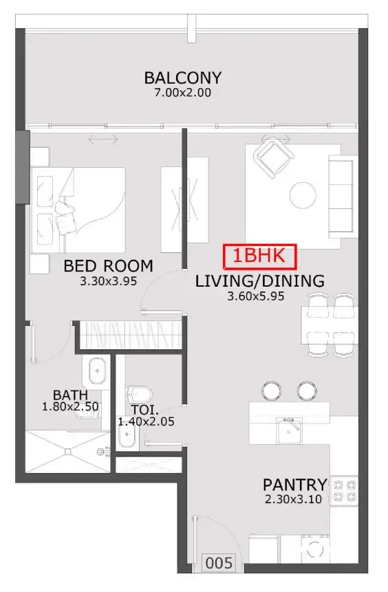 Azra Residence 1 bed floor plan, 795 sqft
