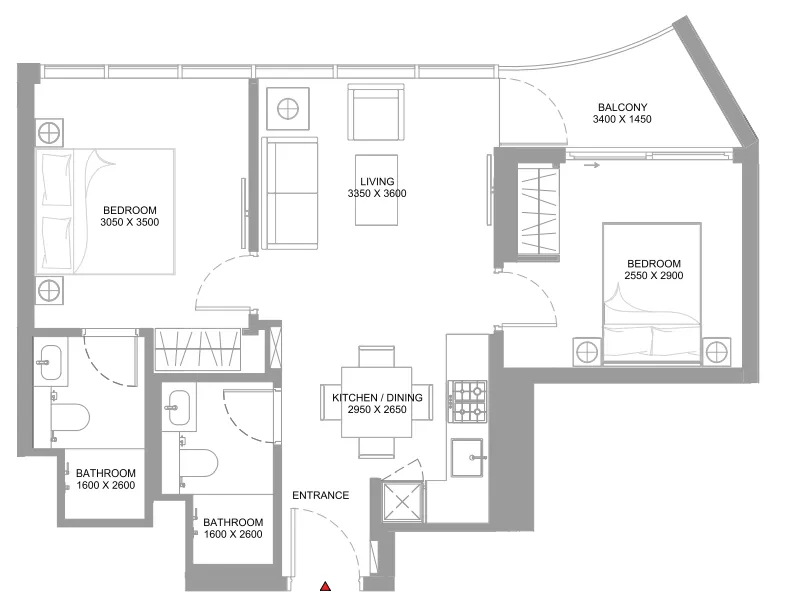 Bayfront Marina Residences 2 bed floor plan, 676 sqft