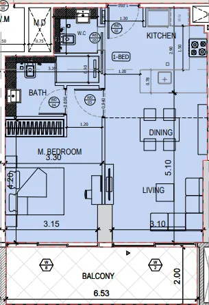 Binghatti Amberhall 1 bed floor plan, 738 sqft
