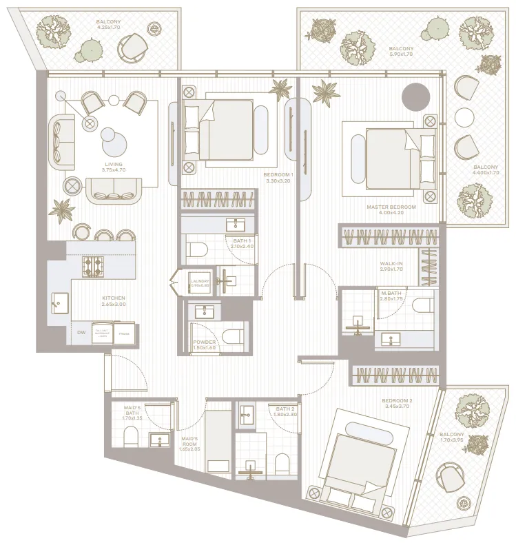 Park Five 3 bed floor plan, 1,735 – 1,751 sqft