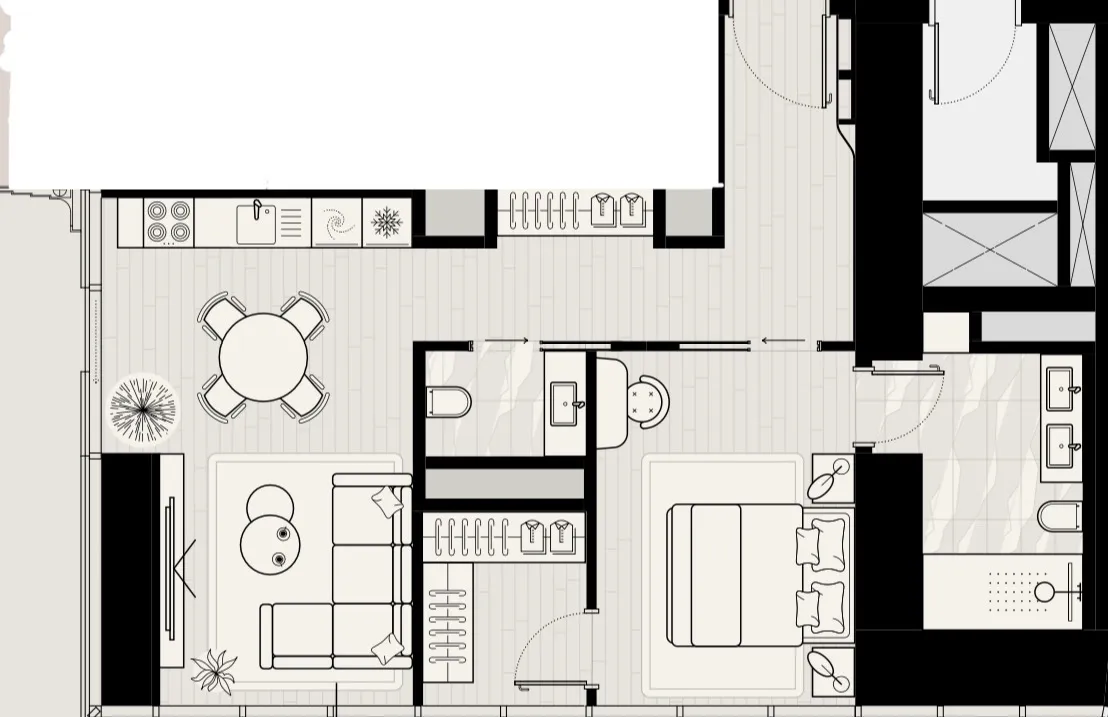 Iconic Tower 1 bed floor plan, 866 sqft