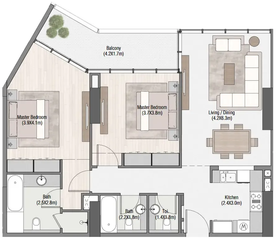 South Living 2 bed floor plan, 1,316 sqft